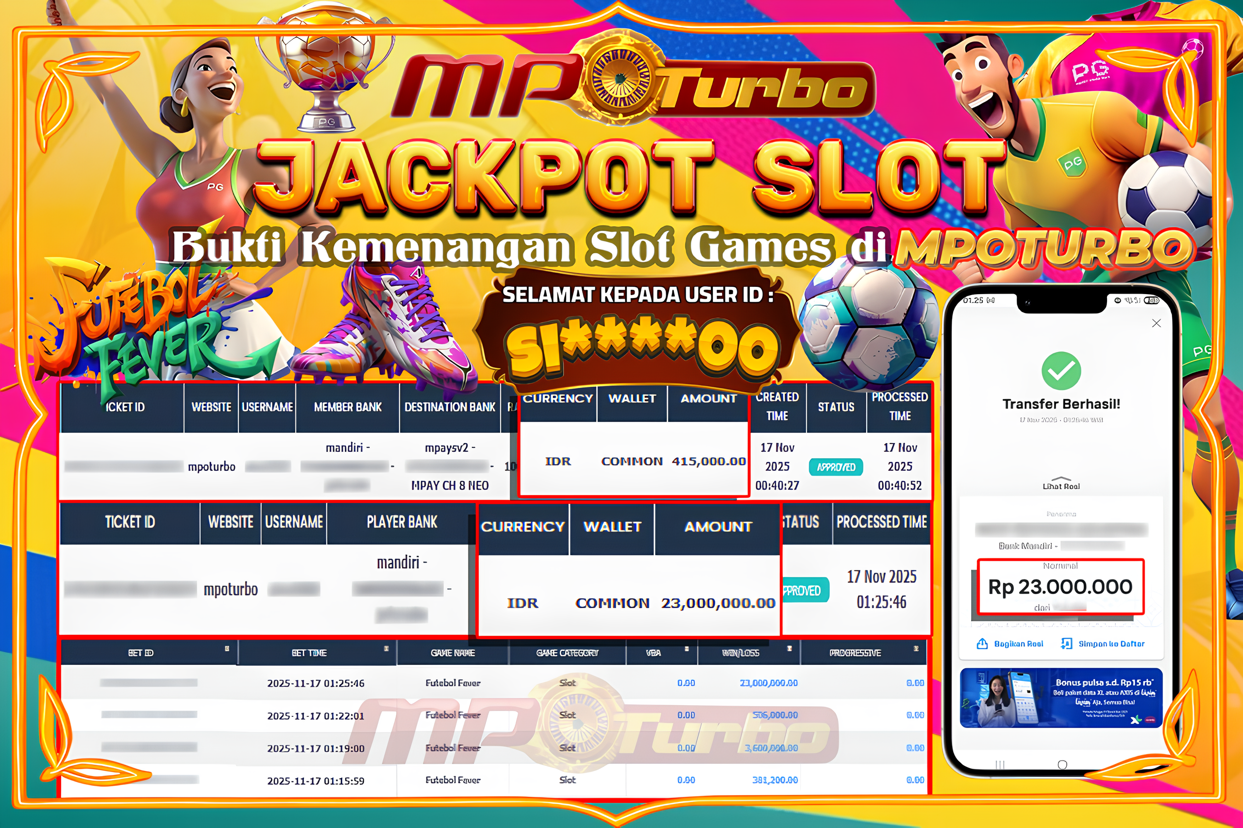 MPOTURBO JACKPOT FOTEBOL FEVER - PG SOFT Rp 23,000,000.00,- LUNAS